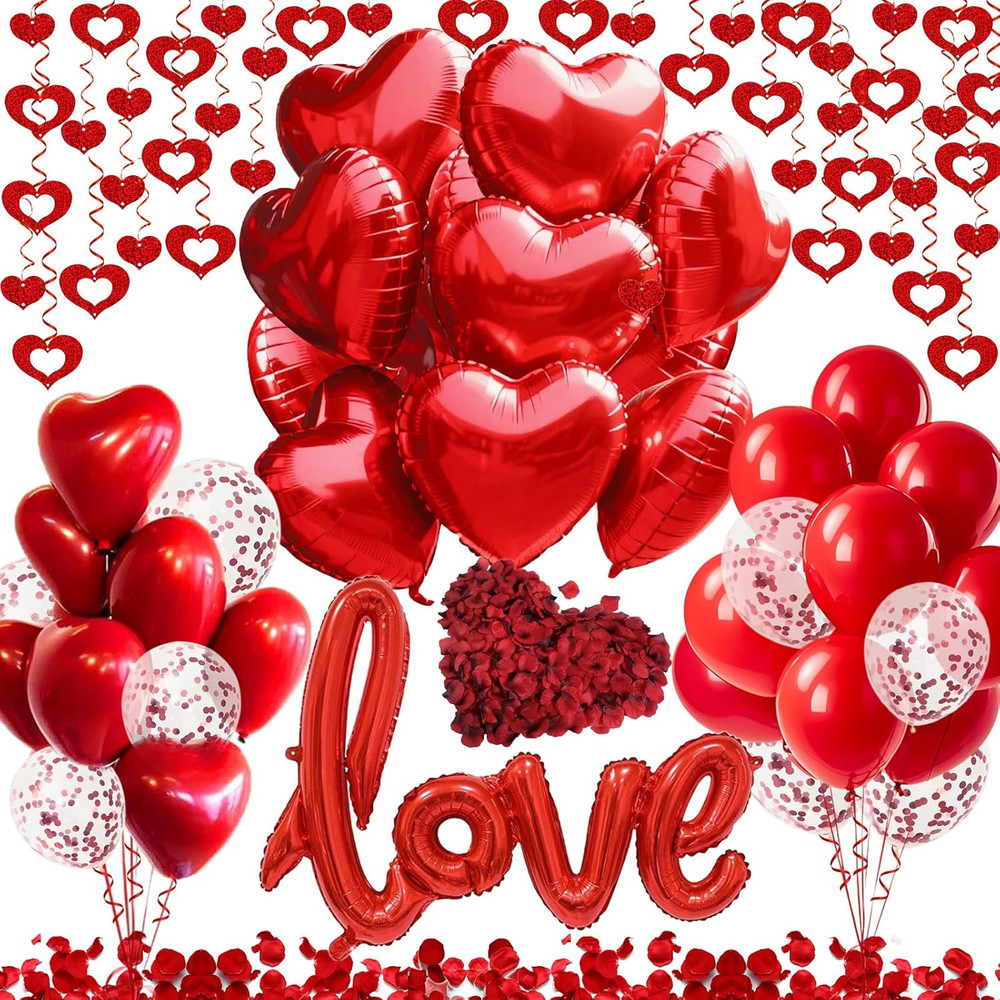Valentines Day Decorations with Red Heart Balloons and Love Balloon, Fake Rose P