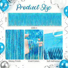 2 Pack Light Blue Iridescent Fringe Table Skirt 30X118″, Holographic Metallic