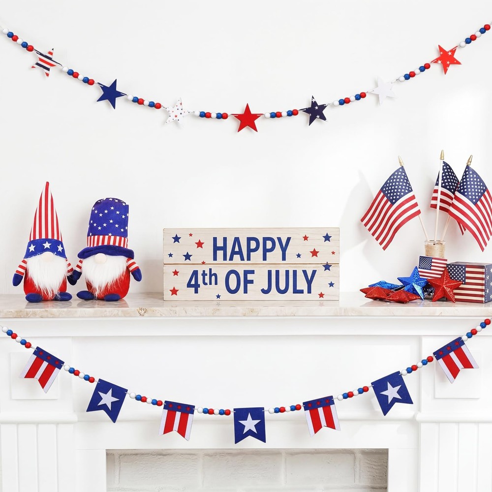 2 Pack Patriotic Wood Bead Garland with Felt Stars Flags July 4th Decor