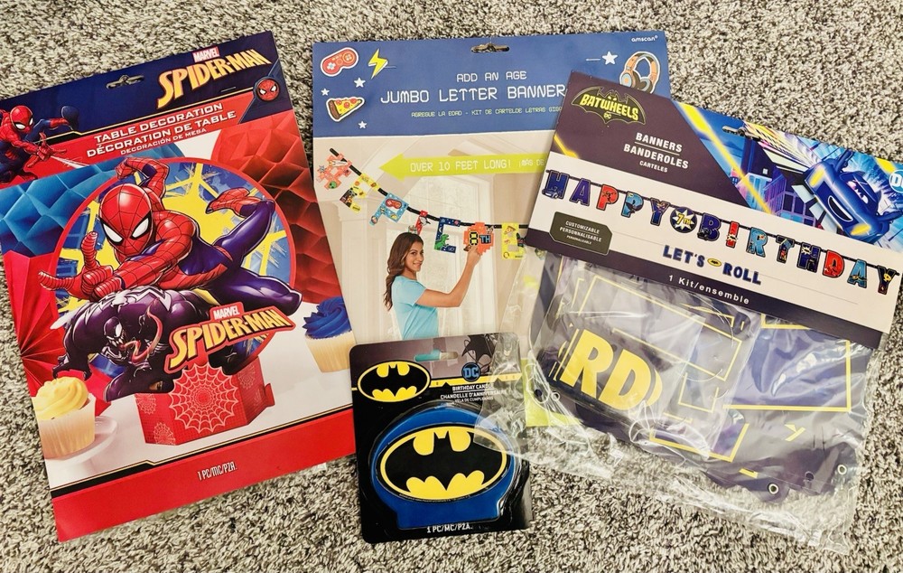 Boy’s Birthday Banner Candle & Table Decoration Set Batman Batwheels Spiderman