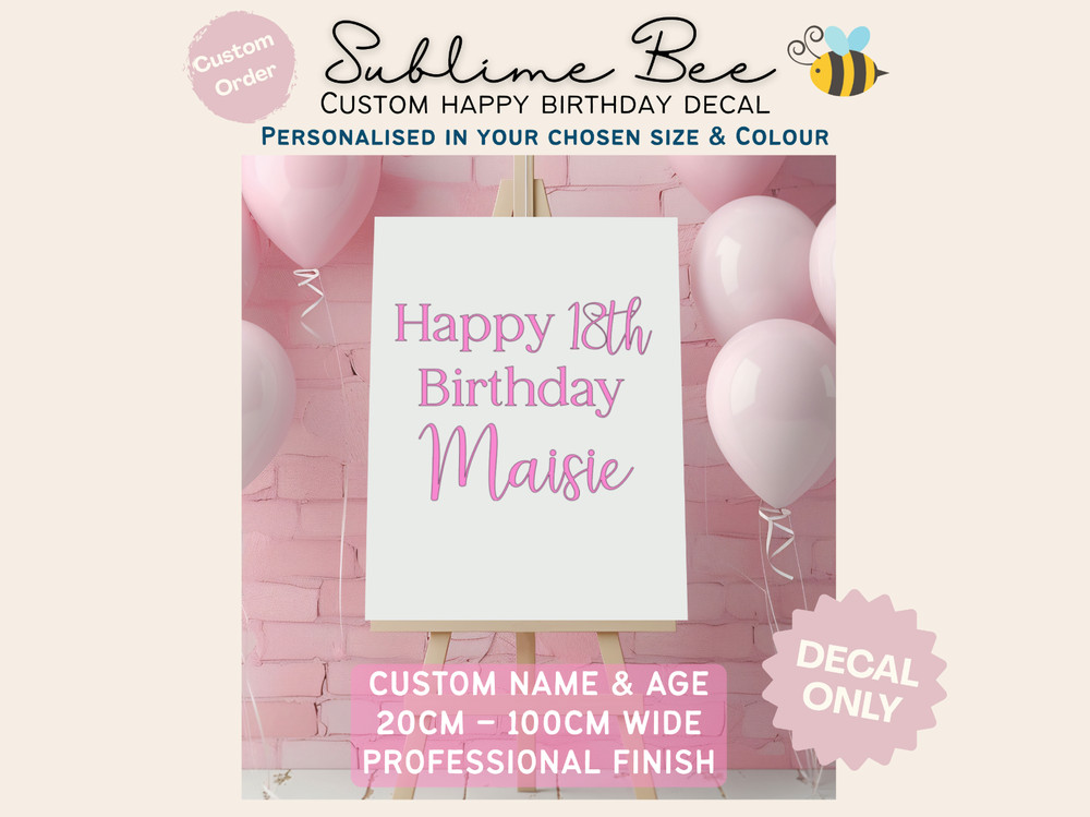 Personalised Happy Birthday Name Age Vinyl Decal Party Backdrop Balloon Sign