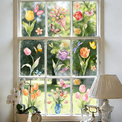 9 Sheets Flowers Window Clings Colorful Tulips Window Stickers Butterfly Drag…