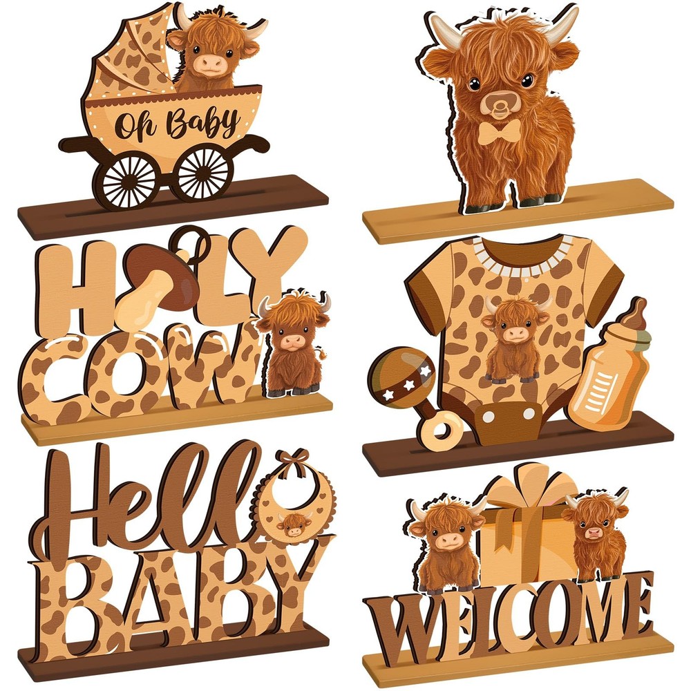 6 Pcs Highland Cow Baby Shower Party Decoration Highland Cattle Western Woode…