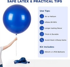 4PCS Large 36 Inch Royal Blue Balloons, Royal Blue Latex Big Balloons for Bir…