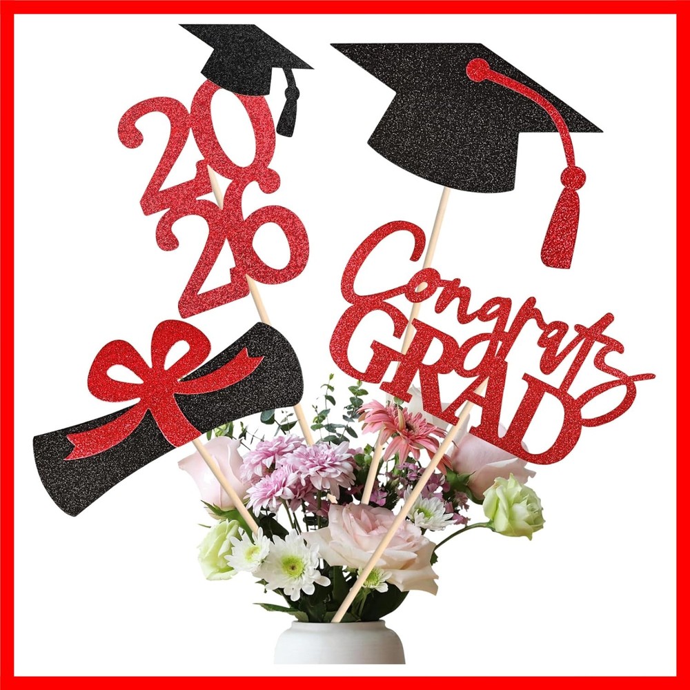 20 PCS Graduation Decorations Class of 2026, Black and Red Double-Sided Centerpi
