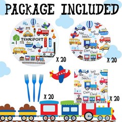 Complete 80-Piece Transportation Birthday Tableware – Plates, Napkins & Forks