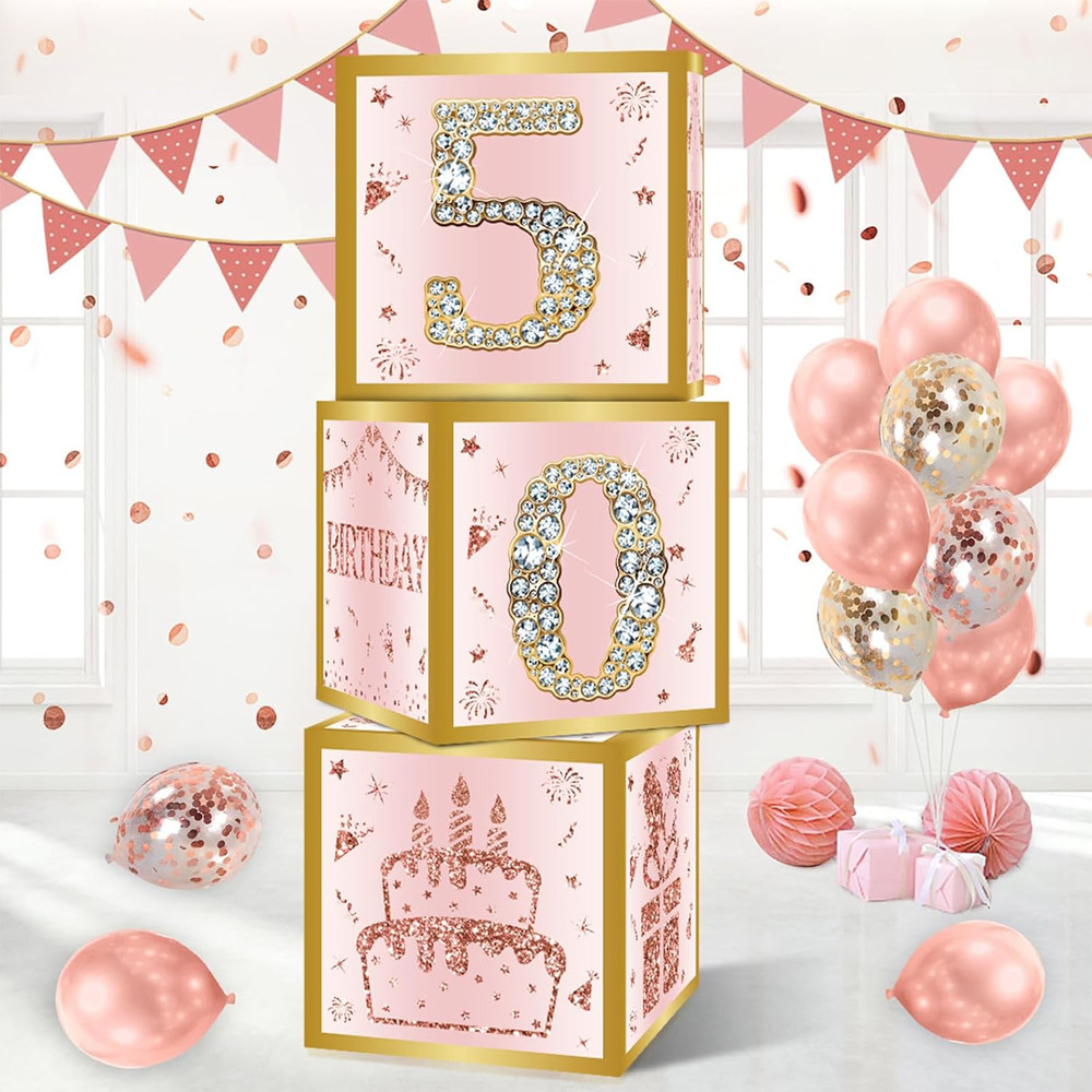 Datamoon 50Th Birthday Decorations Boxes for Women – 3PCS Pink Rose Gold Happy 5
