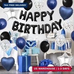 Navy Blue and Black Birthday Decorations for Men,Blue Black White Balloons Happy