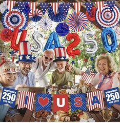 USA 250th Anniversary Party Decor 33Pc Banner Fans Balloons 4th of July