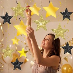 16 PCS Black Gold Glitter Star Hanging Swirls Graduation Party Ceiling Decor
