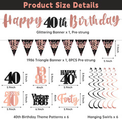 40Th Birthday Decorations for Women, Black Rose Gold Happy 40Th Birthday Banner