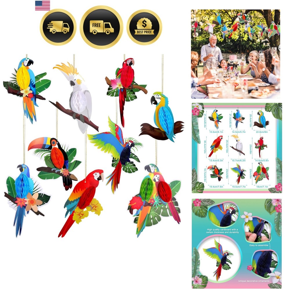 9 Pieces Tropical Birds Honeycomb Paper Cutouts Rio Luau Party Hanging Decora…