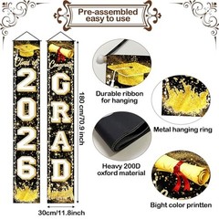 Black Gold Graduation Decorations Class of 2026 Congrats GRAD Porch Sign Banner