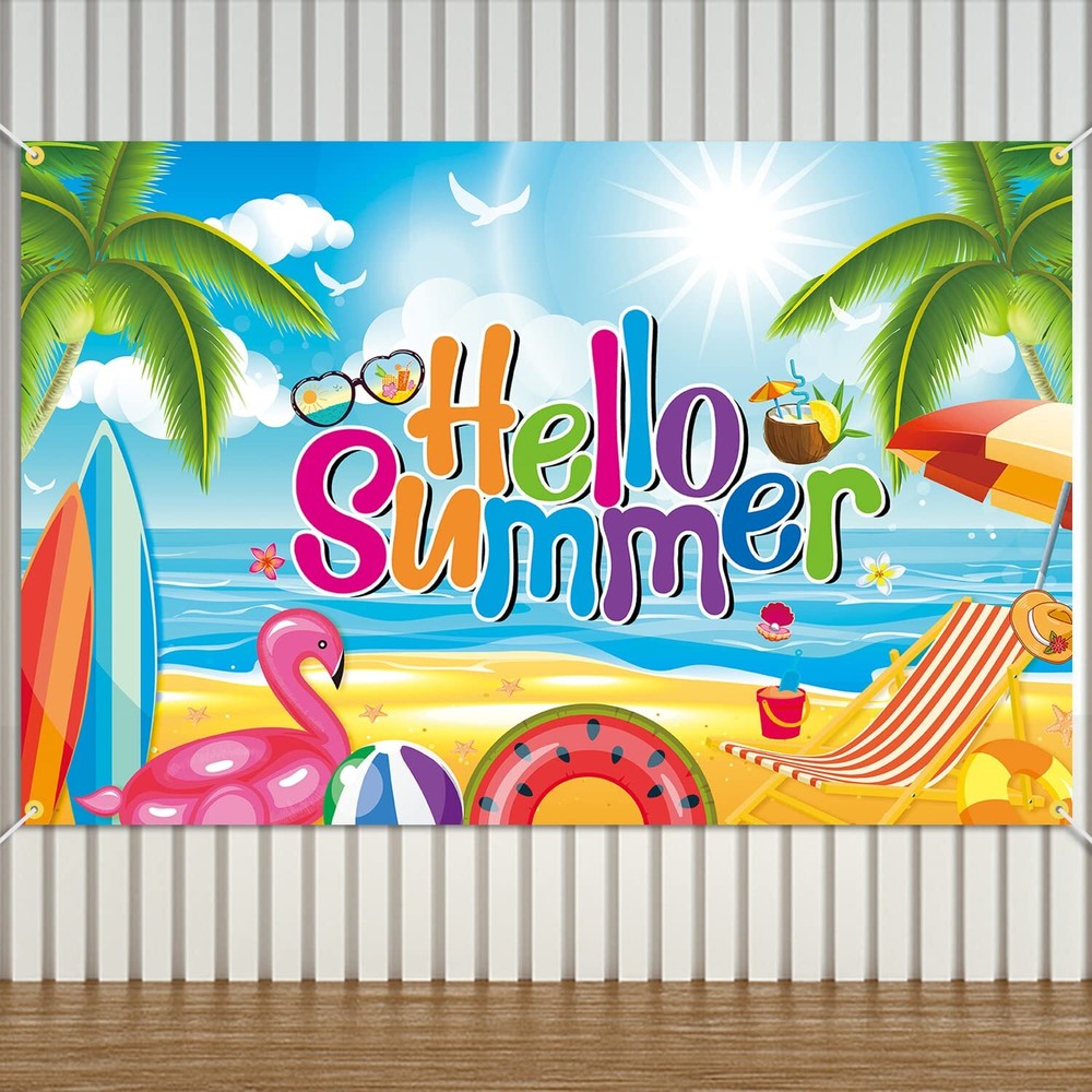 Hello Summer Decorations Beach Chair Sun Sea Backdrop Banner Gift 73″x43″