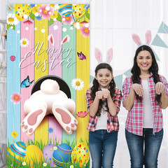 73 X 36 Inch Happy Easter Banner Door Cover, Colorful Bunny Butt and Egg Themed