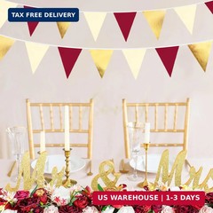 Burgundy Party Decorations Gold Maroon Beige Fabric Triangle Pennant Banner Garn