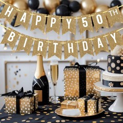 Netnology Pre-Strung Gold Happy 50th 12 ft x 14 in, Birthday