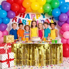 4 Pack Metallic Foil Fringe Table Skirt, Gold Shiny Tinsel Tassle Banner for