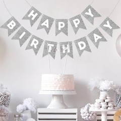 Silver Glitter Happy Birthday Banner Sign for Backdrop