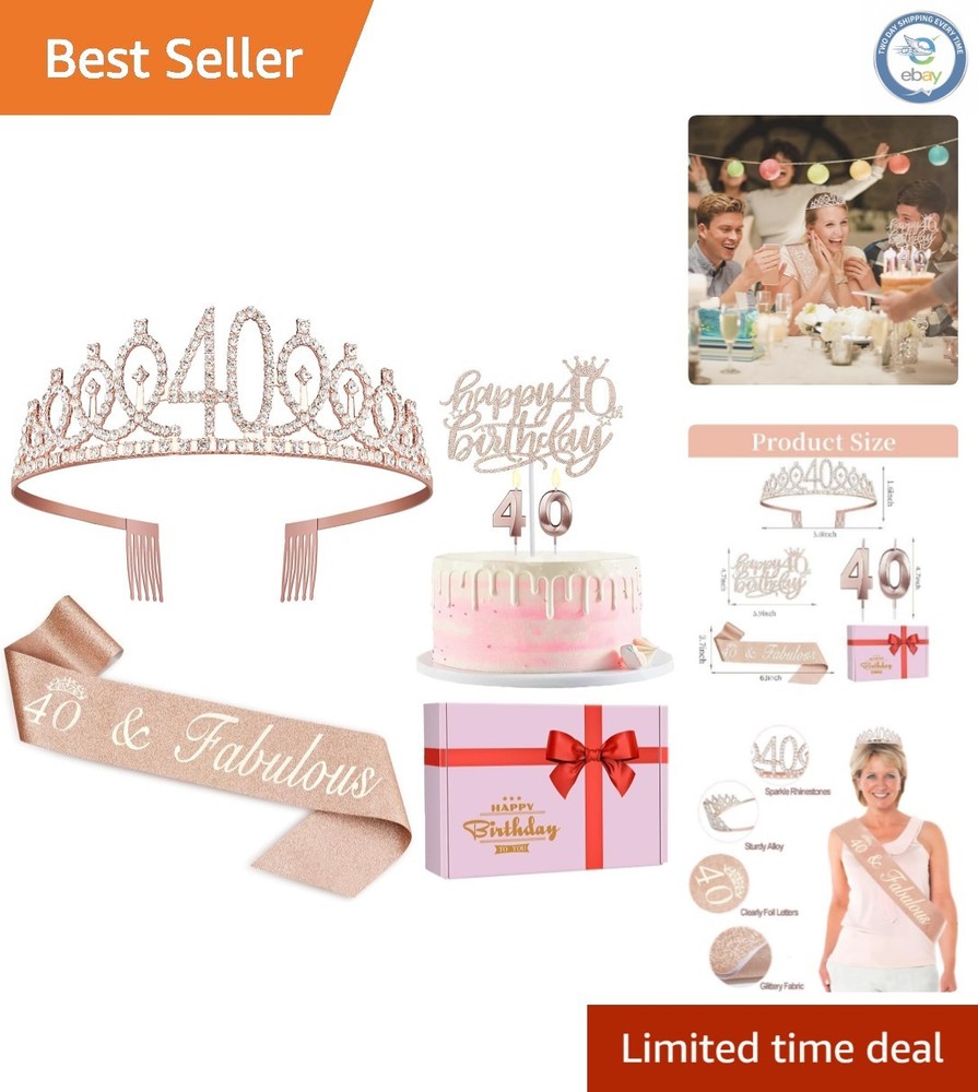 Glamorous Rose Gold 40th Birthday Party Set: Tiara, Sash & Candles Included