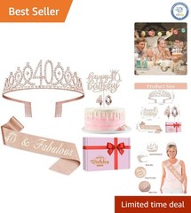Glamorous Rose Gold 40th Birthday Party Set: Tiara, Sash & Candles Included