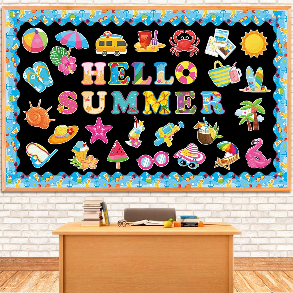 71 Pcs Hello Summer Bulletin Board Set Hawaiian Beach Slippers Sun DIY Borders B