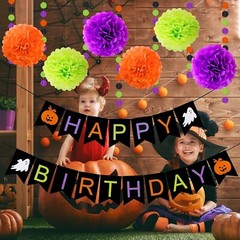 Halloween Theme Happy Birthday Banner Happy Birthday Halloween Banner Pom Poms