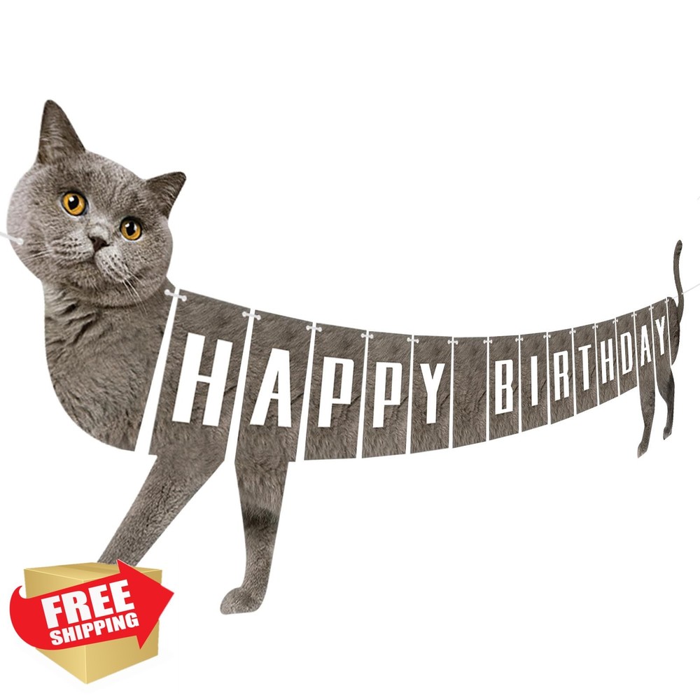 Adecortalk Grey Cat Birthday Banner