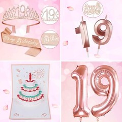 19th Birthday Decorations Set with Tiara Candles Balloons & Cake Topper