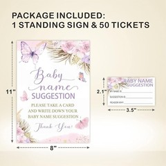 Baby Shower Butterfly Floral Theme Name Suggestion Set Standing Sign & 50 Ticket