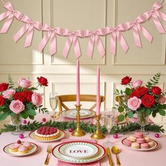 1-String Pink Bow Garland Banner, 8 Pre-Strung Double-Layer Ear Satin Ribbon