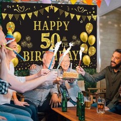 50th Birthday Celebration Backdrop – Lightweight Gold Black 5.9ft x 3.6ft Decor