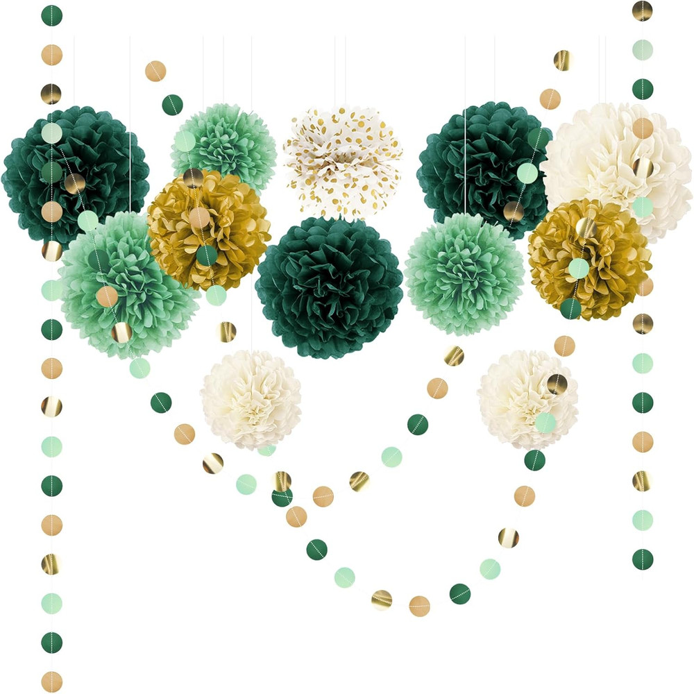 15 PCS Green Tissue Pom Poms & Dots Garland for Parties & Weddings