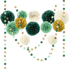 15 PCS Green Tissue Pom Poms & Dots Garland for Parties & Weddings