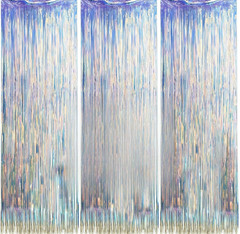 3 Packs Foil Curtain Backdrop 9.8X3.28Ft Iridescent Metallic Tinsel Foil Fringe