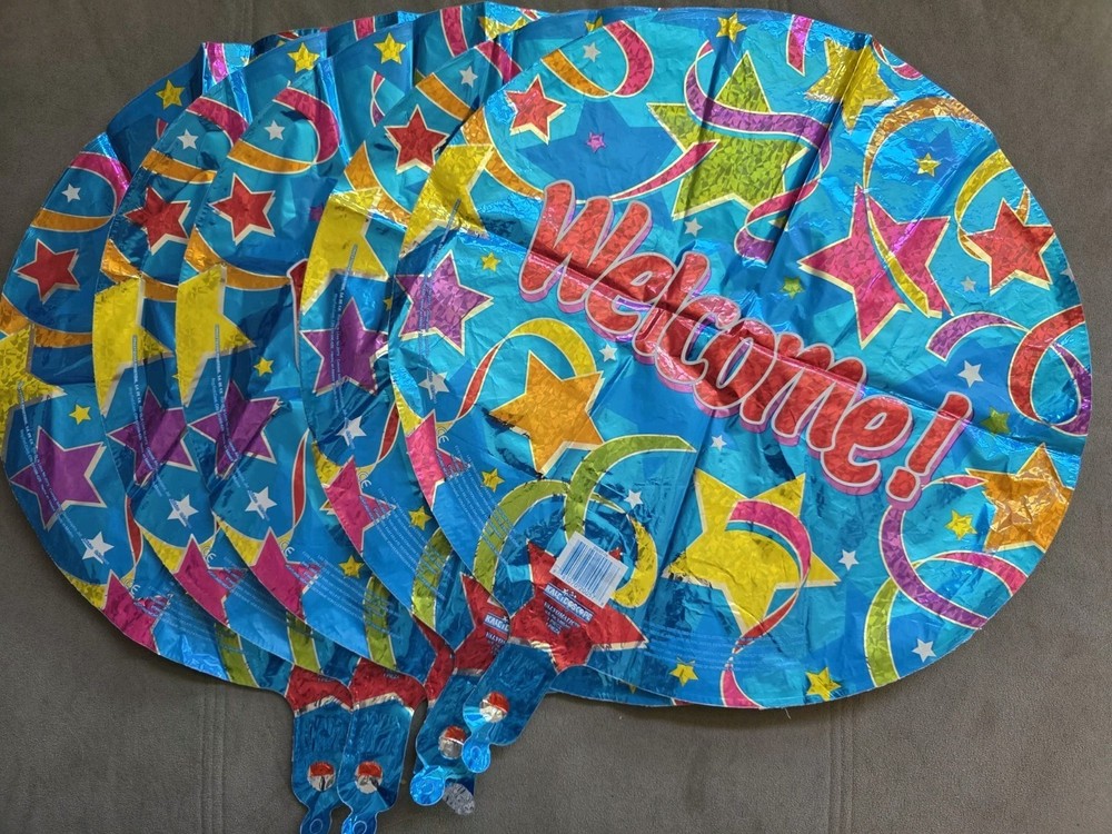 Five (5) Welcome Mylar Balloons Blue 17-18IN Round Foil Helium New Employee