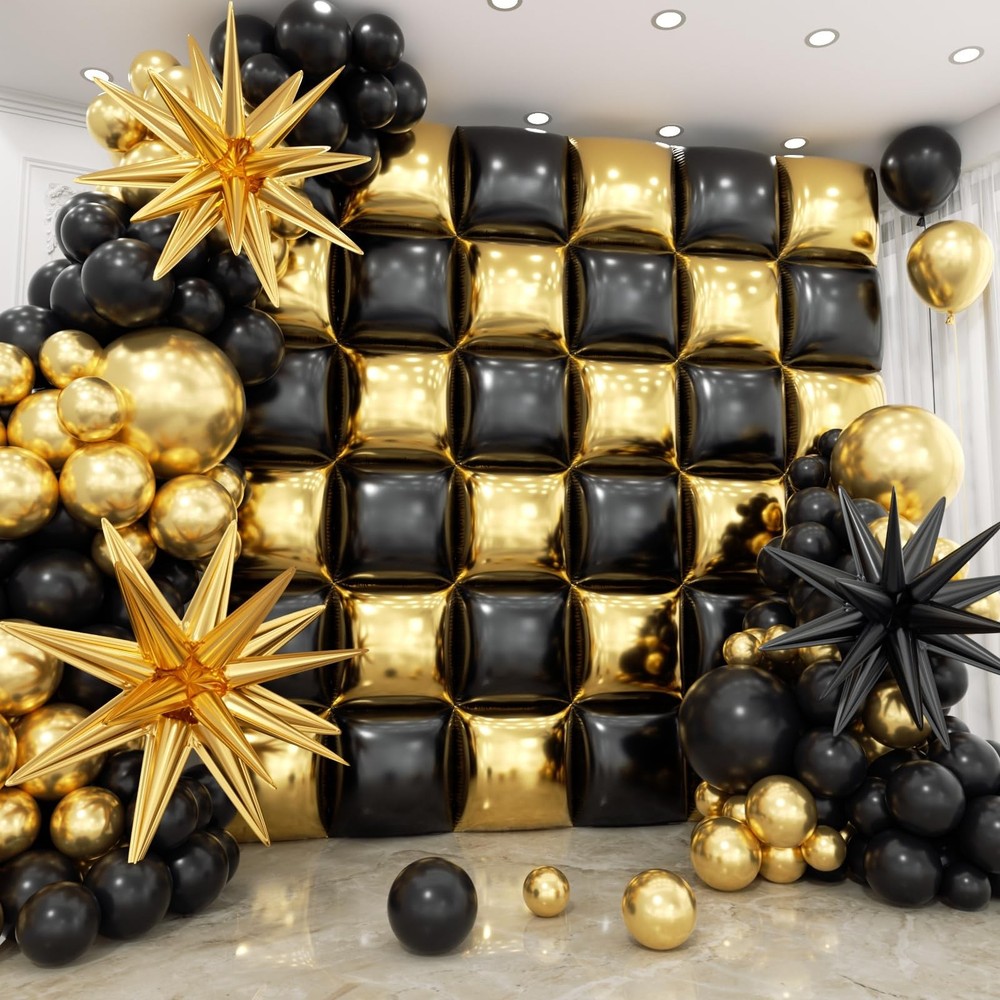 36pcs Gold and Black Square Foil Balloons Wall Backdrop with 147pcs Balloon G…