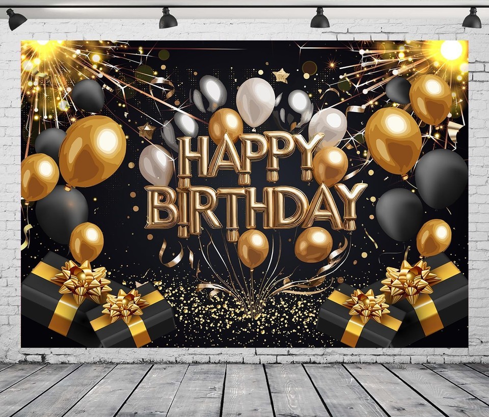 Black Gold Happy Birthday Backdrop Gold and Black Glitter Balloon Background