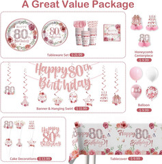 201Pcs 80Th Birthday Decorations for Women Tableware Set, Rose and Gold 80Th Bir