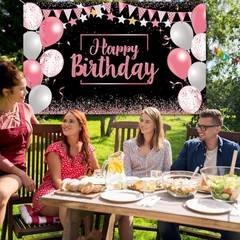 Birthday Decorations Backdrop Banner 72.8×43.3 Inch Pink Black Photo Background