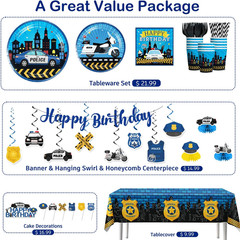 189Pcs Police Birthday Party Decorations Tableware Complete Set, Serves 25 Guest