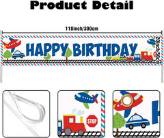 118X20 Inches Happy Birthday Banner Planes Cars and Trains Theme Children’S Birt