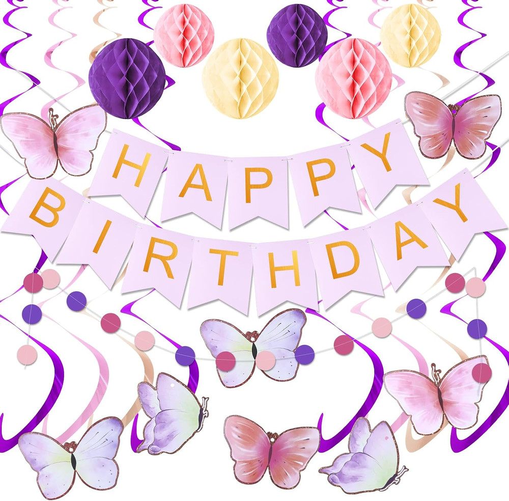 Happy Birthday Banner with Honeycomb Balls, Butterfly Hanging Swirl Streamers, C