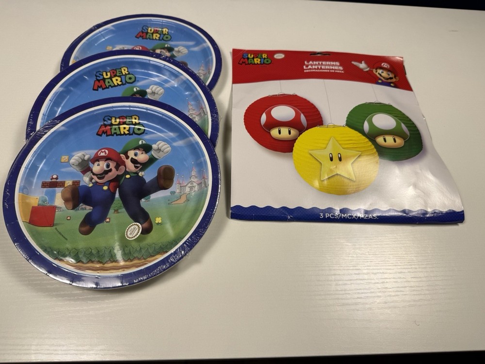 Super Mario Party Bundle – 3 Dinner Plates + 3 Paper Lanterns Birthday Supplies