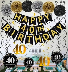Black & Gold Glittery Happy 40th Banner,Poms,Sparkling 40 Hanging Swirls Kit …
