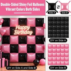 50Pcs Pink and Black Square Foil Balloons Wall Backdrop, Double Sided Metalli…