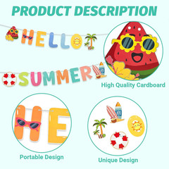 Hello Summer Banner, Colorful Summer Party Decorations with Sun Sunglasses Swimm