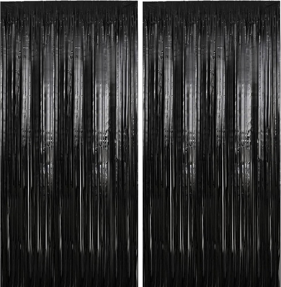 2 Pack 3.28 ft x 6.56 ft Black Tinsel Curtain Party Backdrop Decorations,