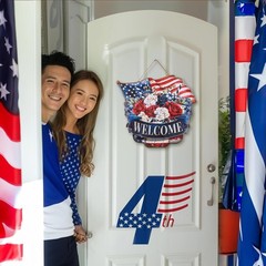 14-Inch Patriotic Wreath: Vintage Mason Jar ‘WELCOME’ Decor for Independence Day