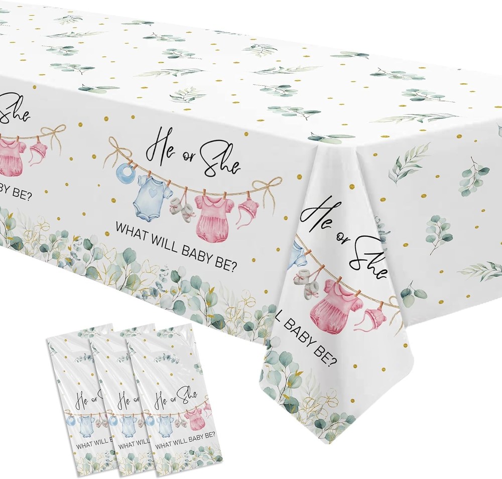 Gender Reveal Decorations Tablecloth, 3 Pack Disposable Greenery Baby Clothes